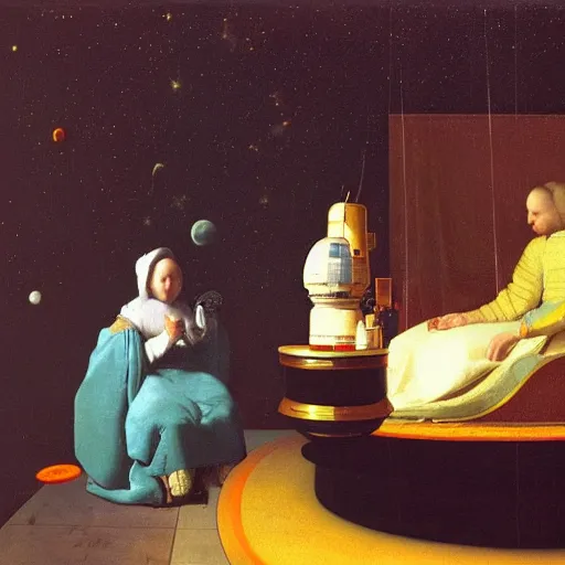 Image similar to Two space travelers sitting side by side in a space cruiser, flying between Jupiter and Saturn, the milky way galaxy in the background, oil painting by vermeer,