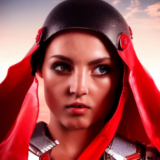 Image similar to headshot of an beautiful female soldier in glossy sleek white armor with tiny red details and a long red cape, downward angle, determined expression, on the surface of mars, night time, dramatic lighting, cinematic, sci-fi, hyperrealistic