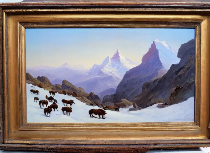 Image similar to alpine ibexes climbing in the alps with the matterhorn in the background in the style of hudson river school of art, oil on canvas