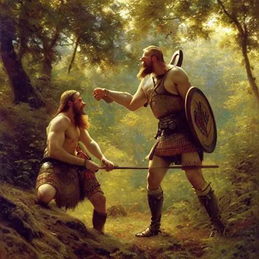 Image similar to 2 attractive male vikings frolicking in the forest. highly detailed painting by gaston bussiere, craig mullins, j. c. leyendecker, 8 k