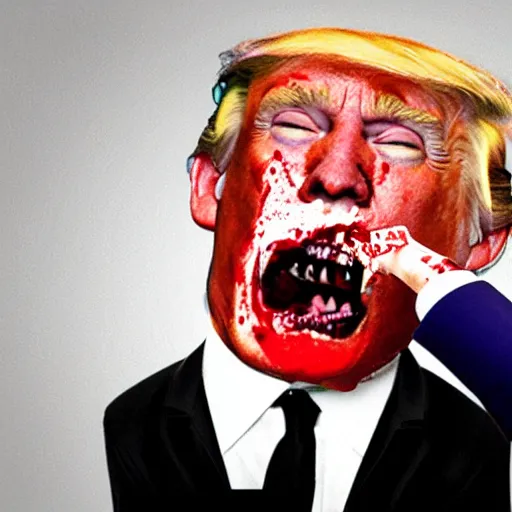 Image similar to polaroid movie still of zombie donald trump eating tucker carlson on foxnews,