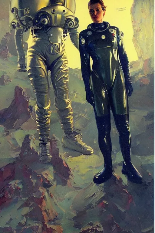 Image similar to pulp scifi fantasy illustration full body portrait of huge martian standing beside elegant woman wearing latex spacesuit, by norman rockwell, jack kirby, bergey, craig mullins, ruan jia, jeremy mann, tom lovell, 5 0 s, astounding stories, fantasy