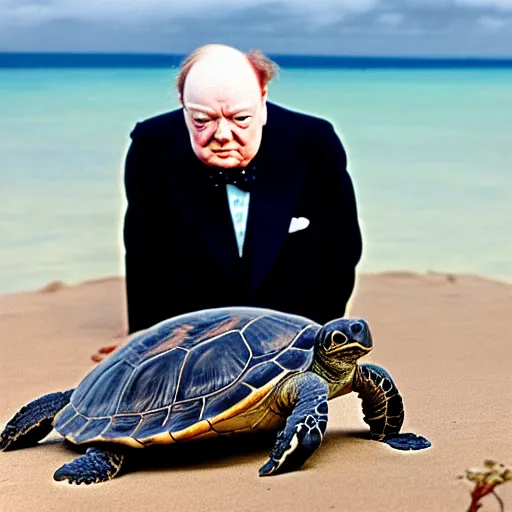 Prompt: An astonished Winston Churchill discovers the first turtle ever in Galapagos, national geographic, BBC, XF IQ4, f/1.4, ISO 200, 1/160s, 8K, RAW, unedited