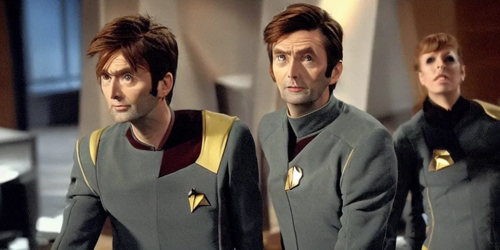 Image similar to David Tennant as Doctor Who, in Starfleet uniform, in the role of Captain Kirk in a scene from Star Trek the original series