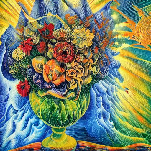 Prompt: water, flowe, garden, surreal by dan mumford and umberto boccioni, oil on canvas