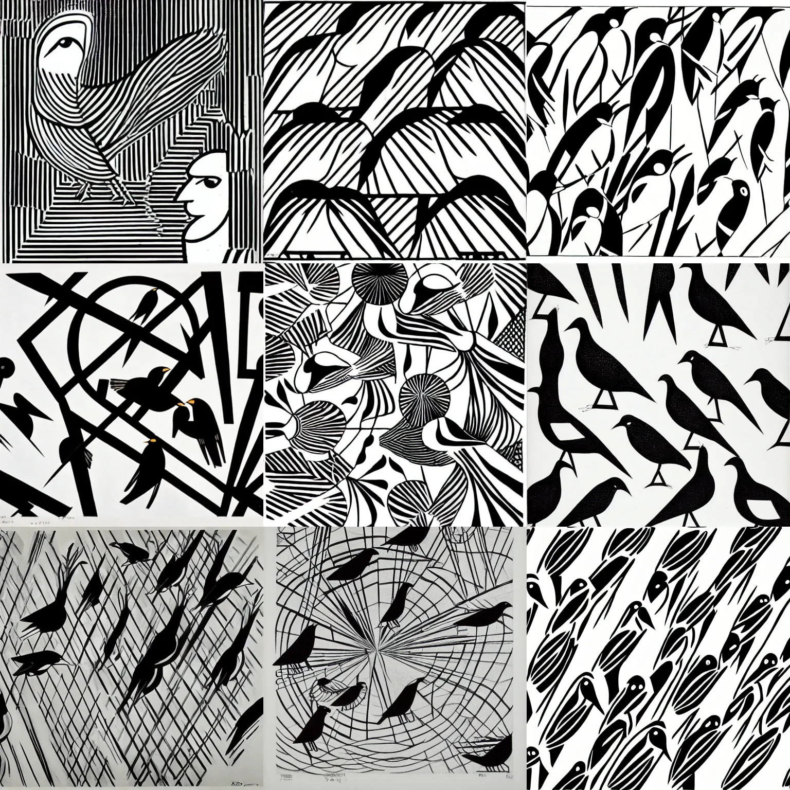 Prompt: birds, dynasty robert sonia delaunay escher joost swarte satoshi tajiri line art, black on white