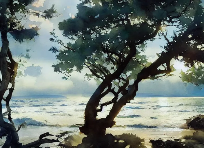 Prompt: abstract watercolor painting of wild wavy ocean, oak trees, sunshine, art by anders zorn, wonderful masterpiece by greg rutkowski, beautiful cinematic light, american romanticism by greg manchess, creation by tyler edlin