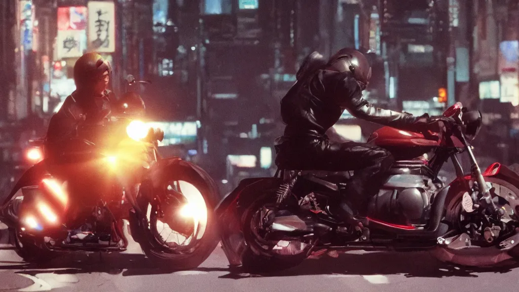 Prompt: still from a film adaptation of akira, colorgraded, motorcycle, 5 0 mm lense, vivid detail, cinematic