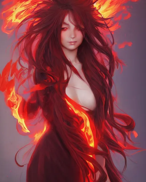 Image similar to red eyed beautiful long haired anime girl, fire dress, full body photo, flames everywhere, highly detailed, digital painting, artstation, concept art, smooth, sharp focus, illustration, art by artgerm and greg rutkowski and alphonse mucha