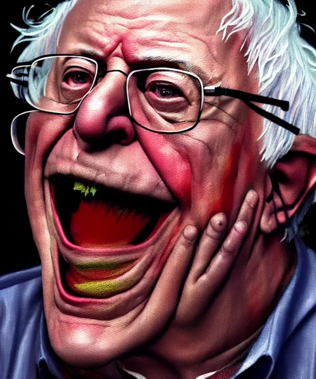 Image similar to hyperrealistic mixed media painting of Bernie Sanders as a laughing drunk, tattered plaid shirt, dimly lit dive bar, stunning 3d render inspired art by P. Craig Russell and Barry Windsor-Smith + perfect facial symmetry + dim volumetric lighting, 8k octane beautifully detailed render, post-processing, extremely hyperdetailed, intricate, epic composition, grim yet sparkling atmosphere, cinematic lighting + masterpiece, trending on artstation, very very detailed, masterpiece, stunning