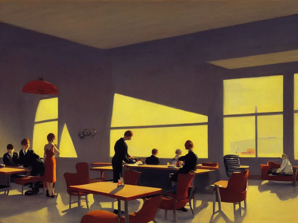 Image similar to sun setting in a airport lounge. tall, spacious, blonde woman watching landed airplane on the runway. painting by edward hopper