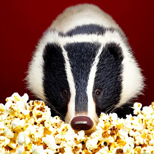 Prompt: badger eating delicious perfectly prepared popcorn, professional photography