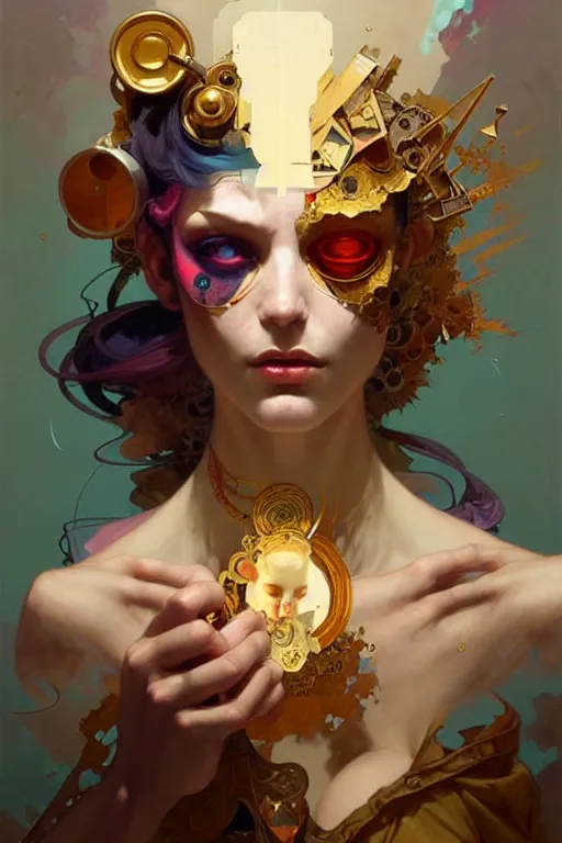 Image similar to portrait, patchwork doll, cyberpunk, elegant baroque, asymmetrical art, emotional, hyperrealism, colorful, vivid, imposing, epic, abstract texture, gold leaf texture, artstation, concept art, by peter mohrbacher and wlop and rhads and artgerm and magali villeneuve and alphonse mucha