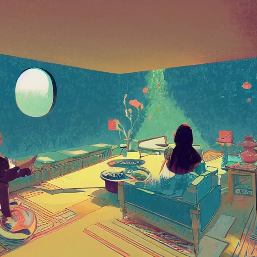 Image similar to illustration of a living room where there is a lot of painting canva displayed on the walls, by Victo Ngai and James Gilleard and Bruce Pennington