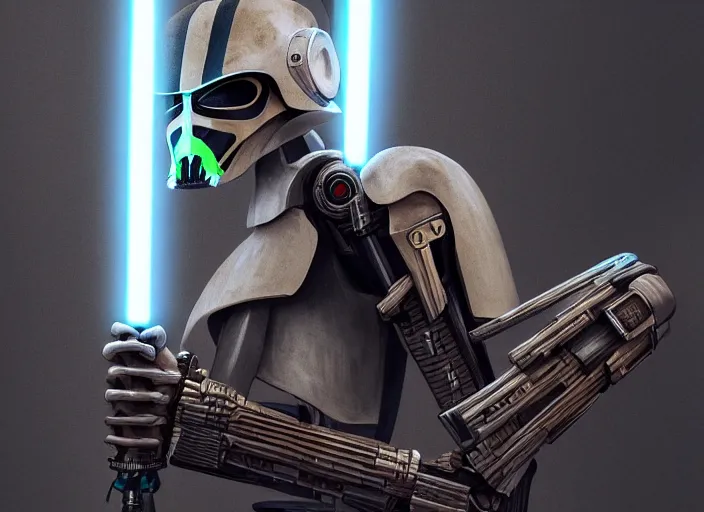 Image similar to portrait photo of general grievous with arms holding a lightsaber in each hand. cyberpunk horror style.