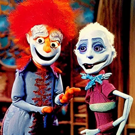 Prompt: snow miser and heat miser from Rankin bass the year without Santa claus on the set of the nightmare before Christmas stop motion