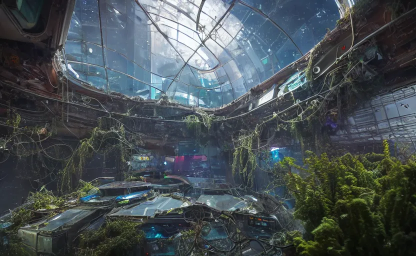 Prompt: photorealistic ruined and abandoned cyberpunk Space resort in orbit, covered in broken glass, rusted metal and moss and vines. daylight. sunlight. lens flare. light fixtures. 8K. detailed. photorealism. artstation. 25mm f/1.7 ASPH Lens. ultra realistic