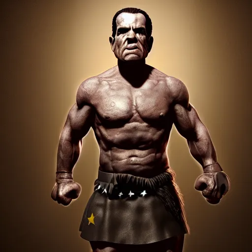 Image similar to richard nixon as an amazon warrior, muscles, muscles, 4 k, octane render, volumetric lighting, unreal engine, raytacing