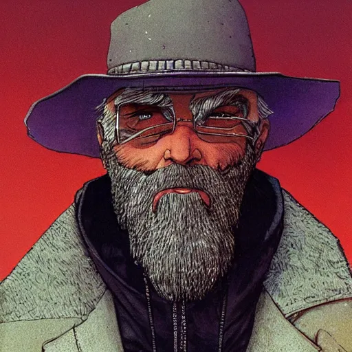 Prompt: a stunning render of a middle aged man with a greying beard by enki bilal and jean giraud moebius