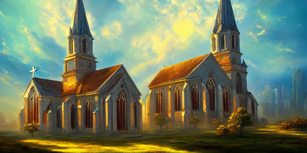 Image similar to a resplendent church in heaven, bright, oil painting of nature, beautiful concept art, trending on artstation
