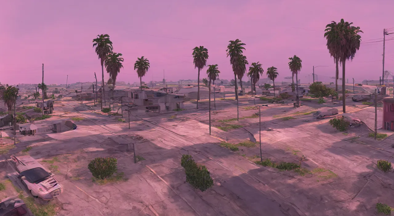 Prompt: hdr map of gta san andreas evening, pink sky, photorealistic, hyper detailed, hyper realistic, houdini, vfx, unreal engine 4, octane render, vray render, 8 k