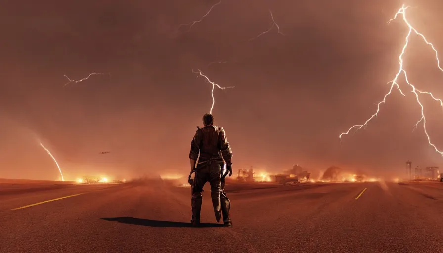 Image similar to back view on a man in jacket crossing las vegas's street in the distance in mad max, huge sandstorm, huge lightning, tornado, fire and ashes, debris, destruction, hyperdetailed, artstation, cgsociety, 8 k