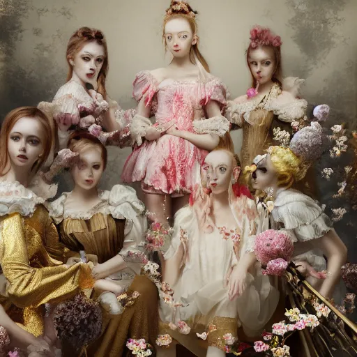 Image similar to 8k, octane render, fine detail, realism, tonalism, renaissance, rococo, baroque, group of creepy young ladies wearing long harajuku manga dress with flowers and skulls, background chaotic gold leaf flowers