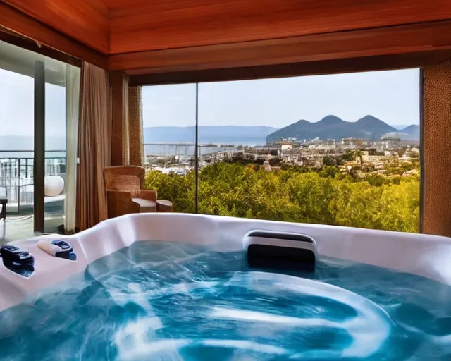 Image similar to a luxury hotel room with a beautiful view from the balcony, and a hot tub inside.