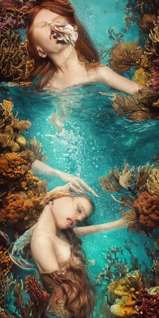 Image similar to mermaid, underwater, a stunning beautiful georgia-era dress with brown long hair, abundant detail, octopusses and flower hyperrealistic character photography art by Annie Liebowitz, ArtStation, concept art, octane render, trending on artstation, artstationHD, artstationHQ, unreal engine, 4k, 8k,