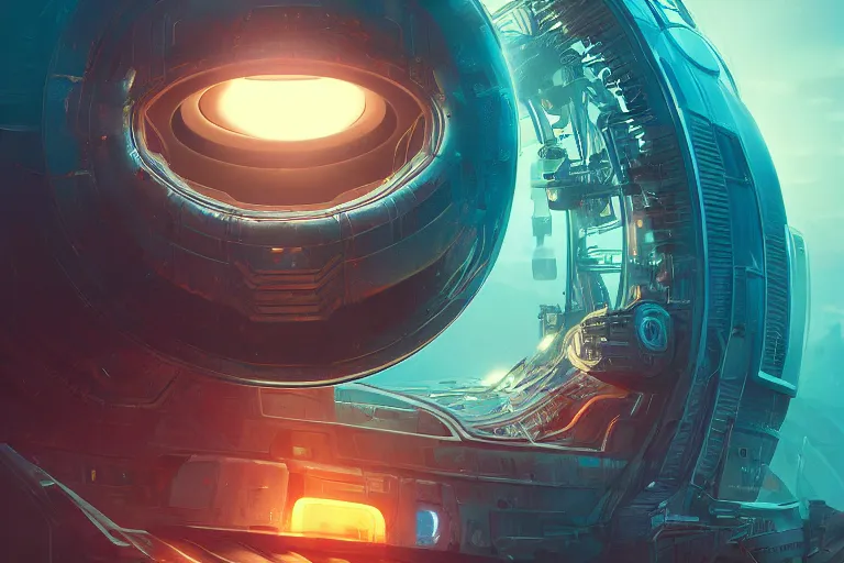 Prompt: portrait of a giant mechanical eye, cinematic lighting, abstract, glow, wlop, artgerm, dan mumford, artstation, octane render