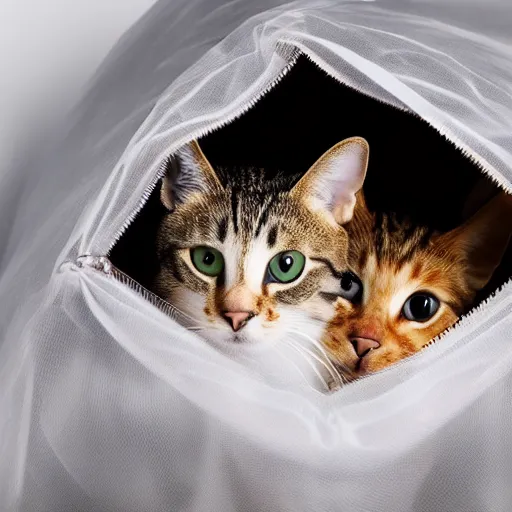 Image similar to a highly detailed photo of multiple furry cats inside a transparent bag, white background, studio lighting, 4 k, 8 k