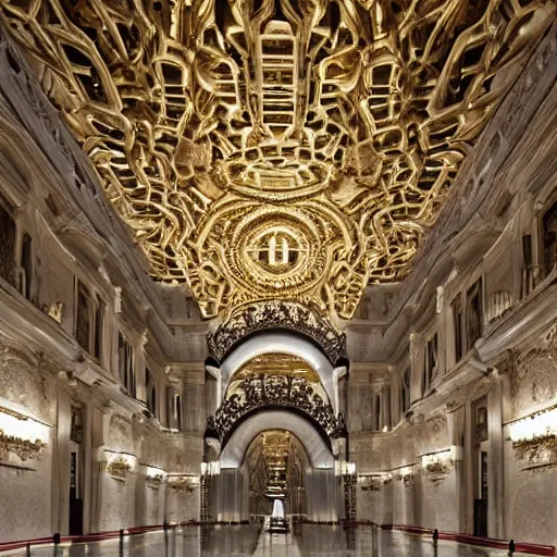 Image similar to giant Mars art center designed by Zaha Hadid with baroque elements. Ultra futuristic design that combines ornate baroque with clean organic forms.. Beautiful, enormous space with epic details