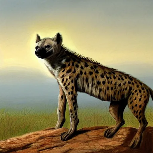 Image similar to concept art of an hyena standing on a rock looking out the horizon of the savana, realism, drawing