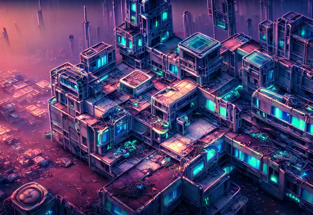 Prompt: A highly detailed crisp unreal engine render of aerial drone photo of A beautiful futuristic cyberpunk abandoned dystopia city building with neon fine lights, plants allover , godray, sunlight breaking through clouds, clouds, debris on the ground, abandoned machines bright colors, isometric, nitid horizon, factory by wangchen-cg, 王琛,Neil blevins, artstation, Gediminas Pranckevicius