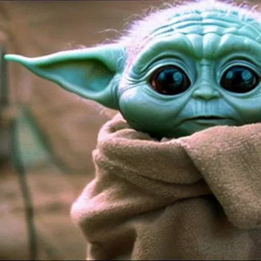 Image similar to a film still of baby yoda's kid talking to the spirit of yoda in star wars realistic, detailed