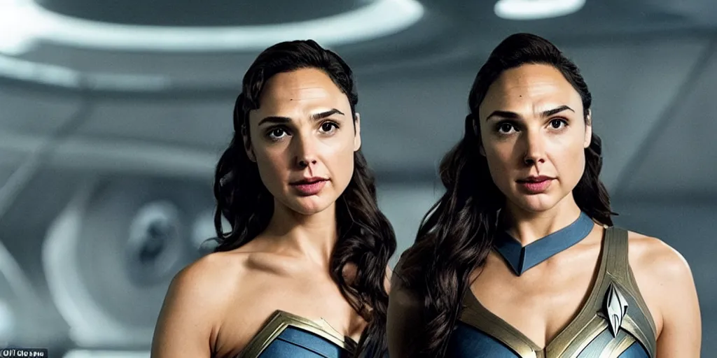 Image similar to Gal Gadot, in full starfleet uniform, is the captain of the starship Enterprise in the new Star Trek movie