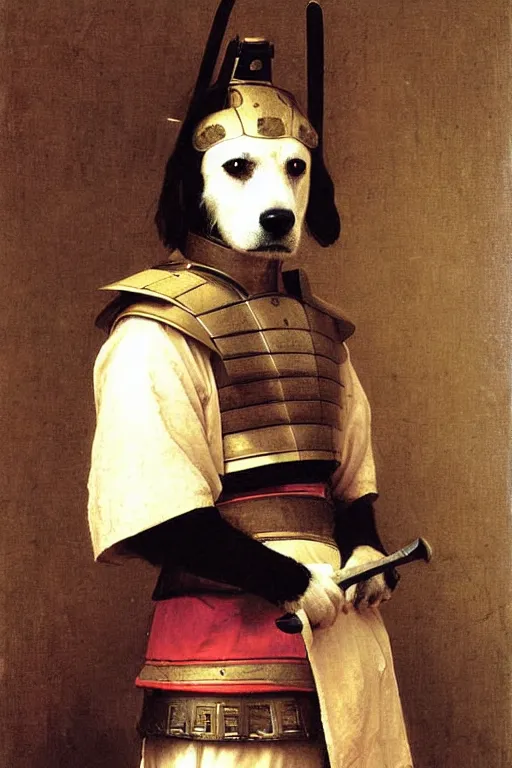 Prompt: portrait of a dog samurai, wearing samurai armor and helmet, majestic, solemn, by bouguereau