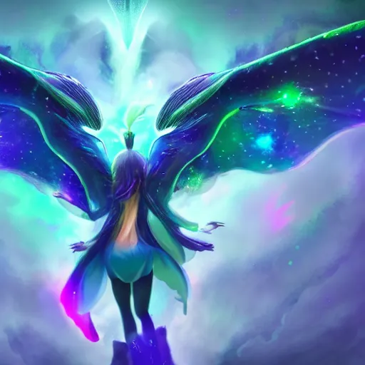 Image similar to bioluminescent winged fairy dream dragon breathing out the galaxy in 4 k colorful soft lighting diffuse powerful dielectric effects twisting artstation trending high definition high detail low orthogonality high frequency noise