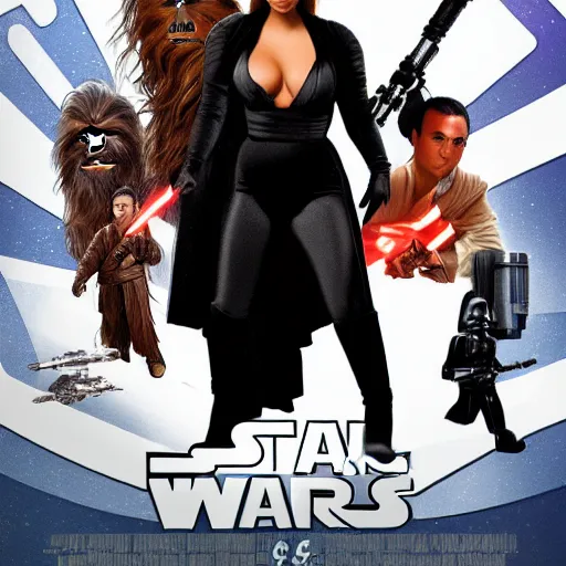 Image similar to super detailed star wars movie poster with ben shapiro, snooki and kim kardashian, 8k full HD photo, cinematic lighting, anatomically correct, oscar award winning, action filled, correct eye placement,