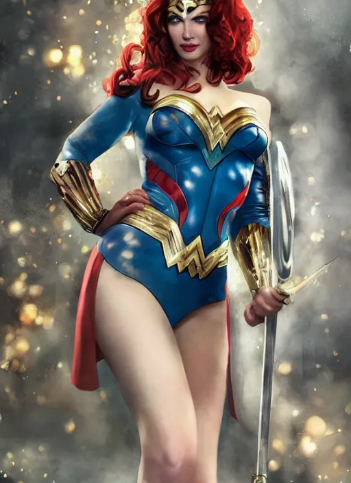 Image similar to full length photo of gorgeous christina hendricks dressed as wonder woman in the style of stefan kostic, realistic, sharp focus, 8k high definition, insanely detailed, intricate, elegant, art by stanley lau and artgerm