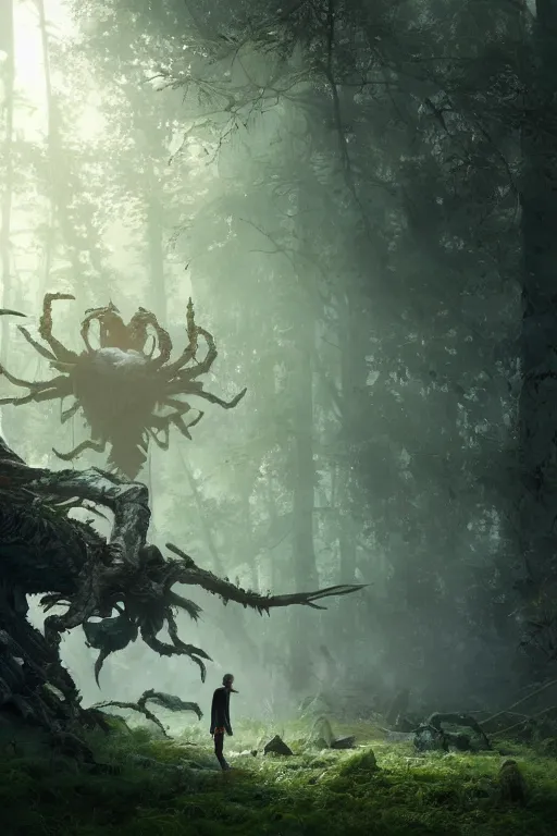 Image similar to A small character standing before a giant spider in the forest by Greg Rutkowski, Sung Choi, Mitchell Mohrhauser, Maciej Kuciara, Johnson Ting, Maxim Verehin, Peter Konig, final fantasy , 8k photorealistic, cinematic lighting, HD, high details, atmospheric,