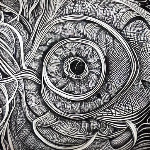 Prompt: infinite dimensions draw in intricate detail with micron black ink on large parchment