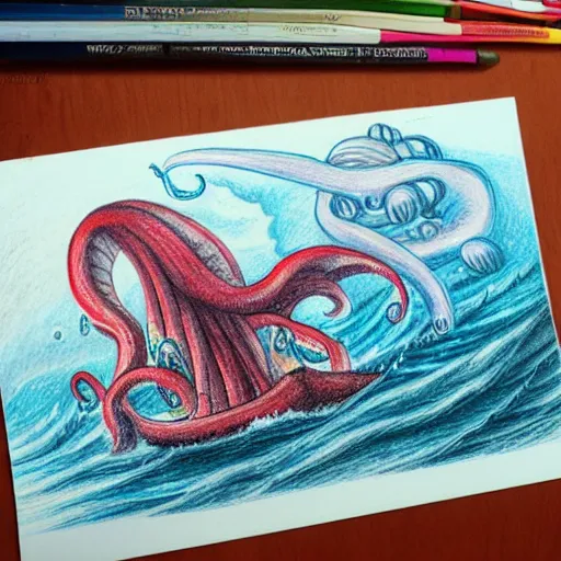 Image similar to coloured pencil drawing of a wonderful an big galion attacked by a giant octopus, rainy day an big waves. d & d, illustration, realism, trending on artstation