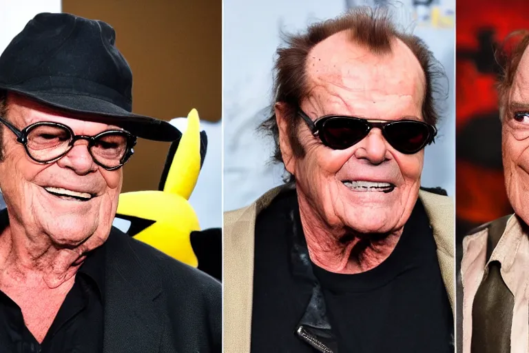 Prompt: Jack Nicholson plays Pikachu Terminator, Terminator's endoskeleton is exposed and his eye glows red, film finale