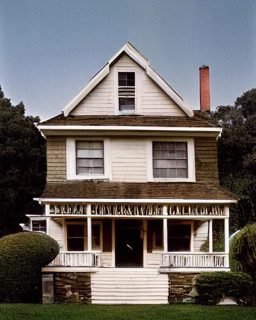 Image similar to the exterior of a house in devonshire that was built in the 1 9 7 0 s and is rumoured to be haunted, painterly, offset printing technique, photographed on kodachrome by brom, robert henri, walter popp, cinematic lighting, various refining methods, micro macro autofocus, ultra definition, award winning photo