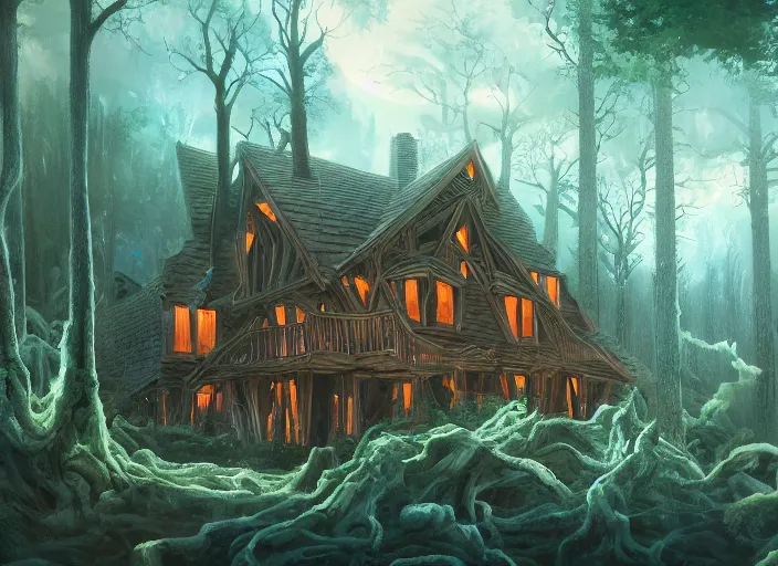 Prompt: a house made of woods is hit by a tornado in a mystical forest full of wonders, pine trees, magical atmosphere, trending on artstation, 30mm, by Noah Bradley trending on ArtStation, deviantart, high detail, stylized portrait H 704