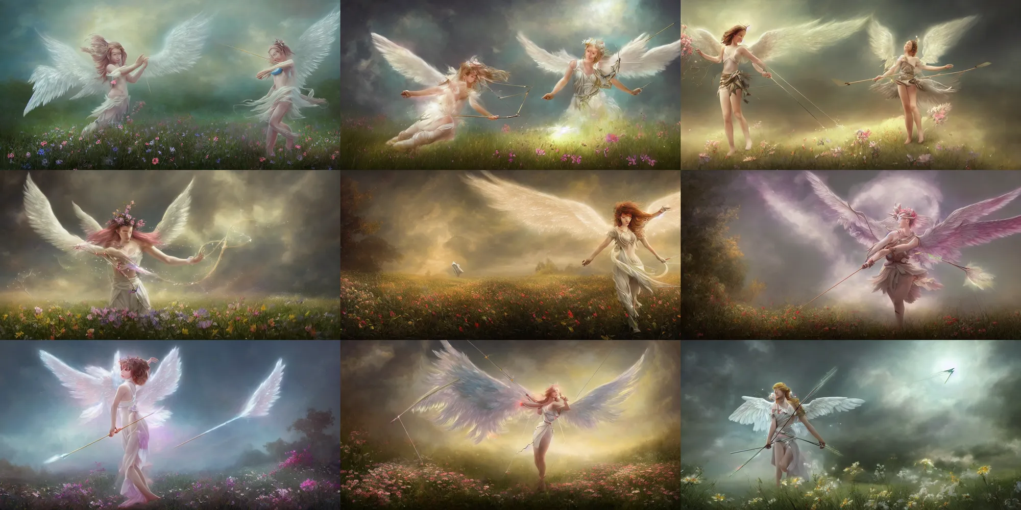 Image similar to An angel with white wings shooting luminous arrows with a bow on a country landscape covered with flowers, the arrows create flowers when they hit the country floor, inspired by Amandine Van Ray, Christophe Vacher, trending on artstation, heavenly colors, volumetric lighting