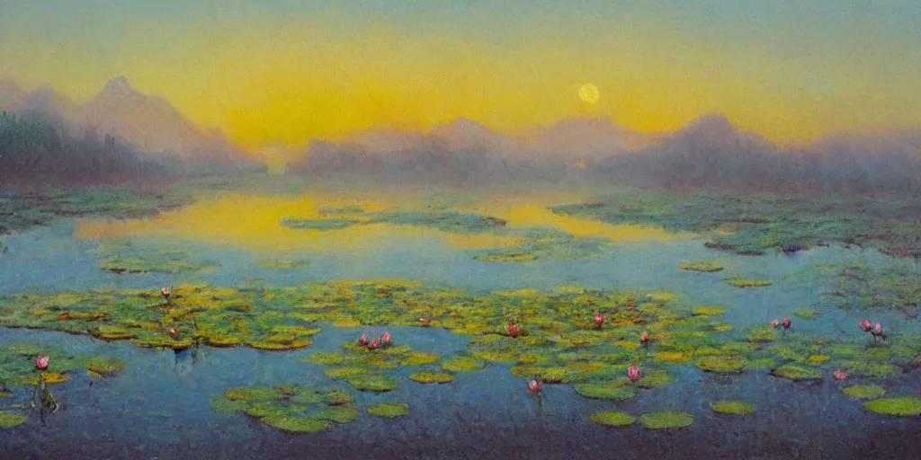 Image similar to impressionism painting of a pond of water lily on a foggy morning, sun low on horizon through snow capped mountains, soft light, misty