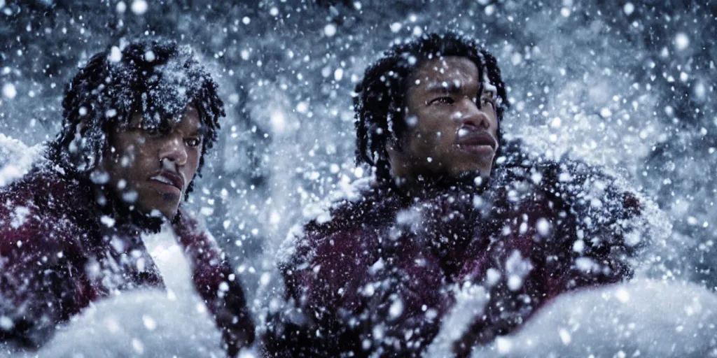Prompt: a film still of a black man in the snow starring in a japanese blockbuster film tekken 7, shallow depth of field, cinematic, award winning cgi, vfx, film still
