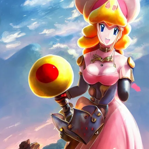 Image similar to princess peach holding a Mario mushroom made of earth and molten metal with heavy knight armor in the style of anime by Peter Mohrbacher, anime trending on artstation, HD, 4k,